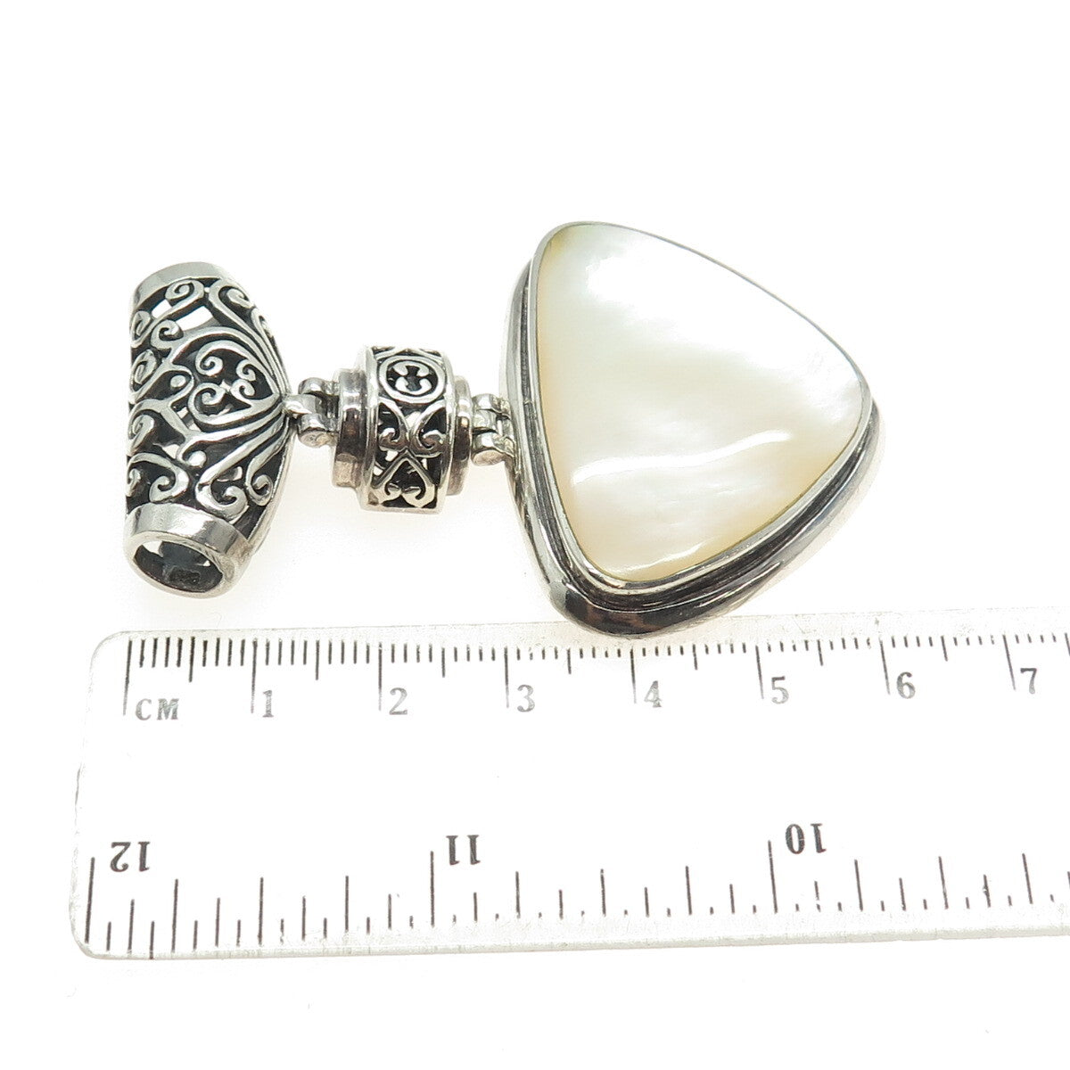 925 Sterling Silver Vintage Real Mother-of-Pearl Swirl / Ornate Slide Pendant