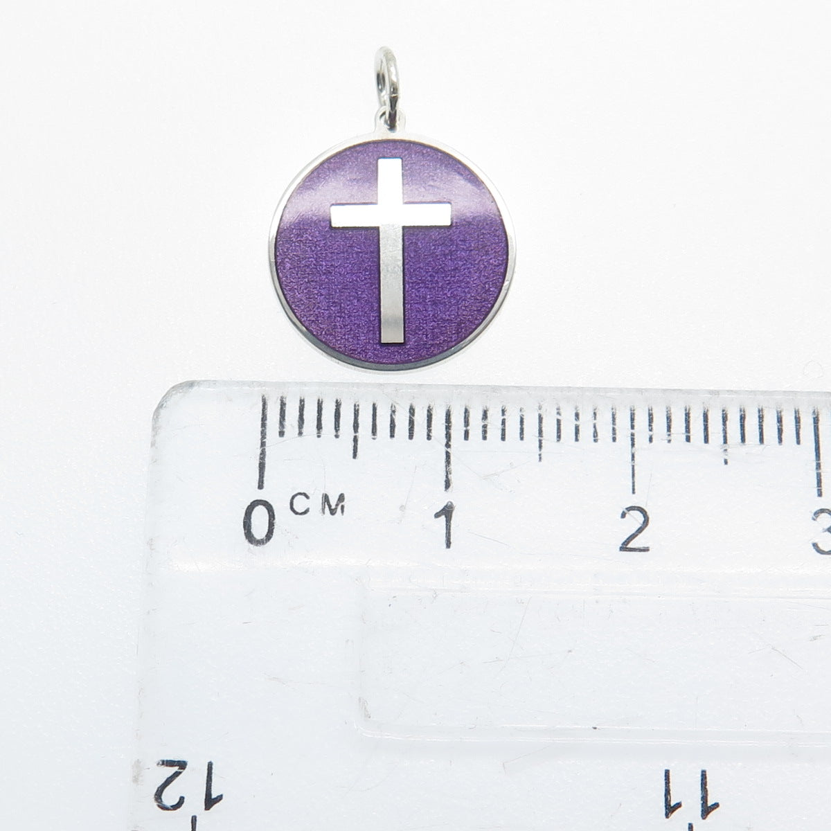 925 Sterling Silver Purple Enamel Cross Round Tag Minimalist Charm Pendant