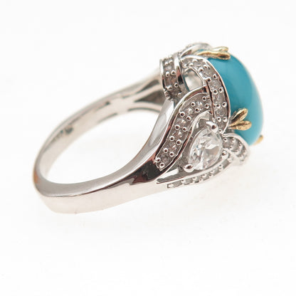 925 Sterling Silver 2-Tone Real Sleeping Beauty Turquoise & Topaz Ring Size 8.25