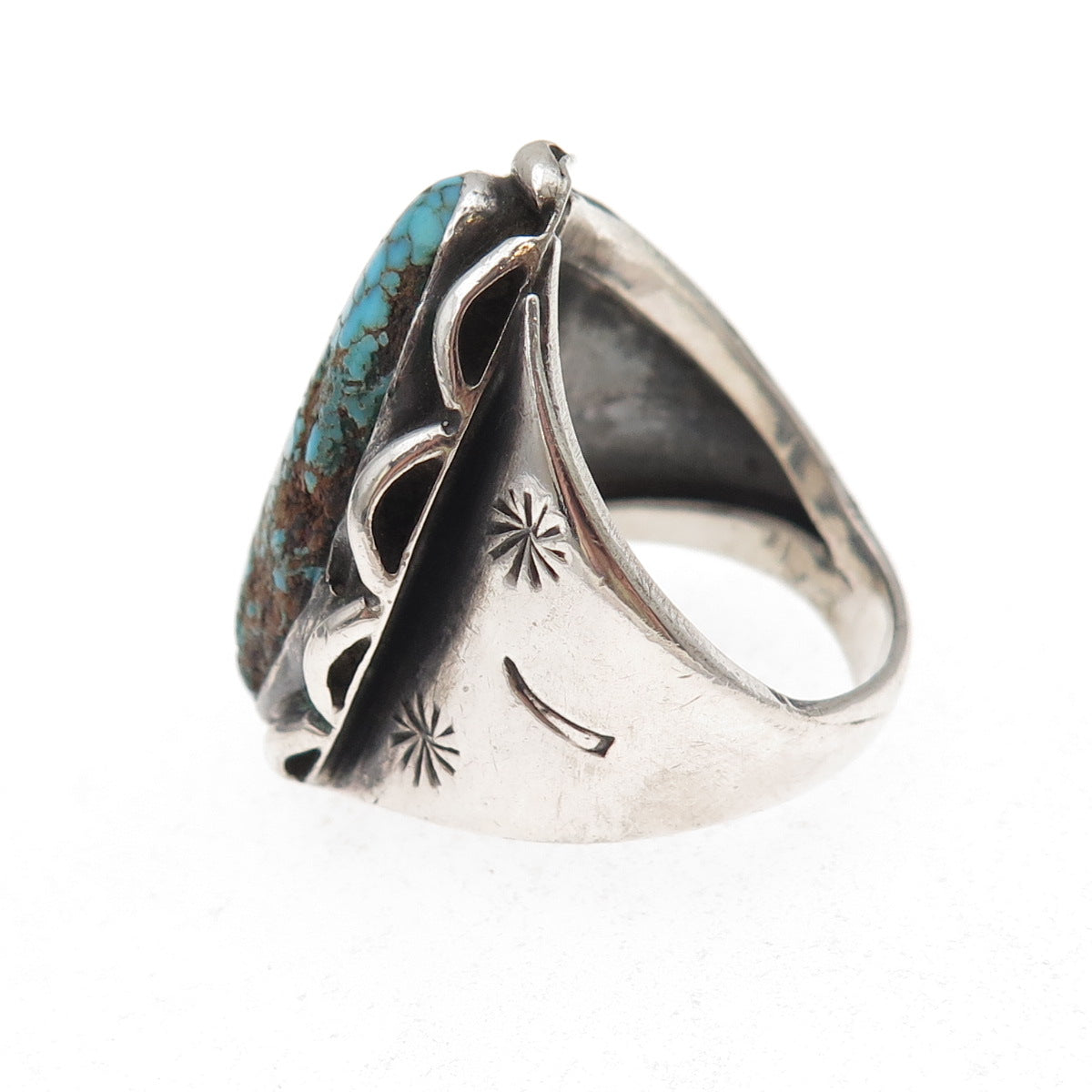 Old Pawn 925 Sterling Silver Vintage Peacock Turquoise Tribal Ring Size 10.25