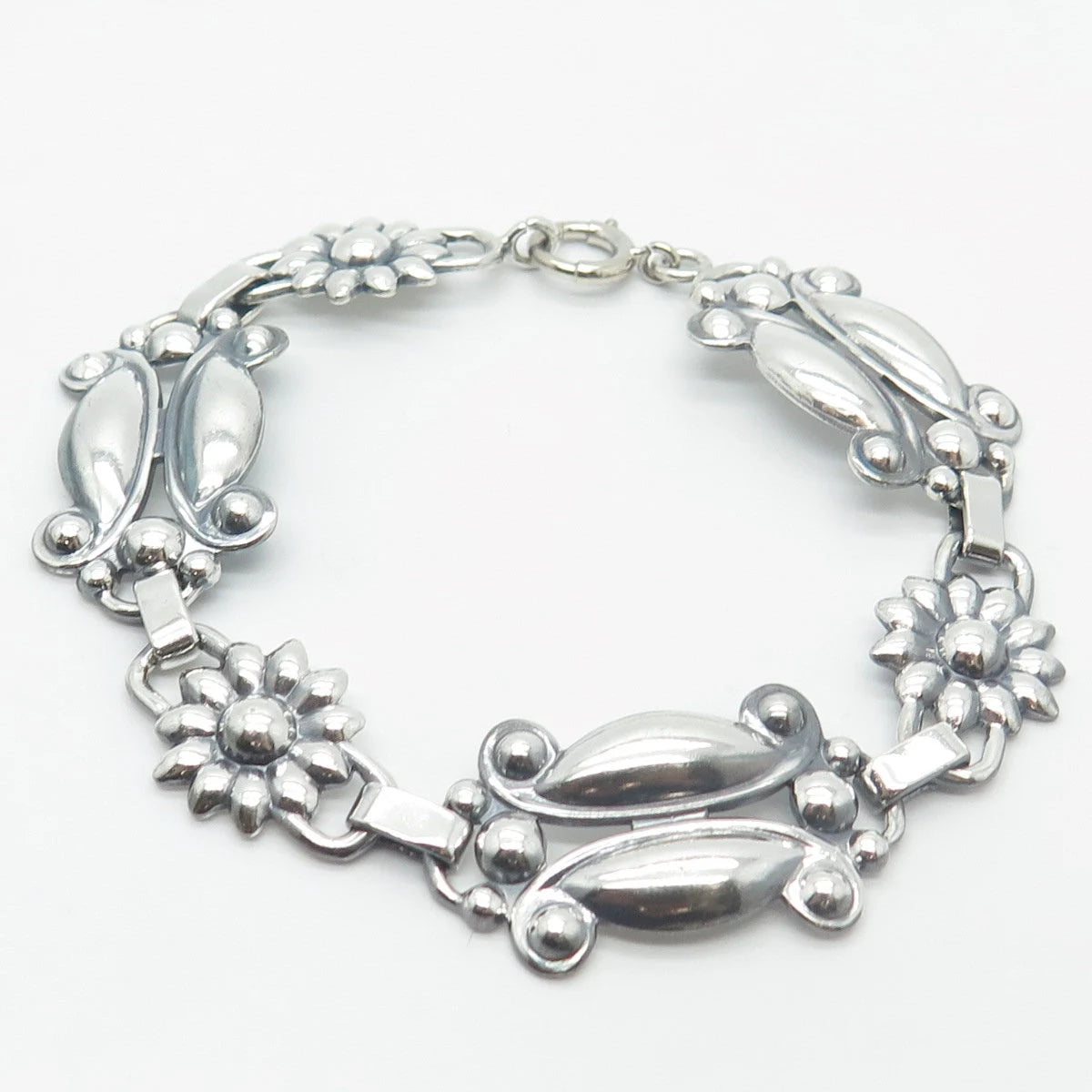 925 Sterling Silver Vintage Floral Link Bracelet 7.5"