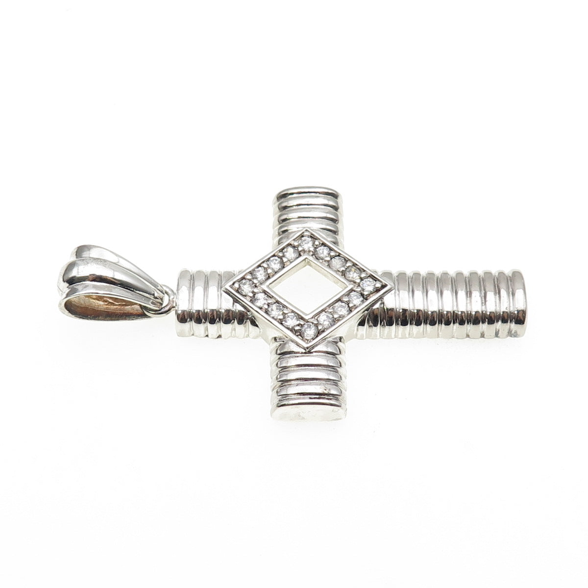 925 Sterling Silver Round-Cut C Z Ribbed Cross Large Pendant