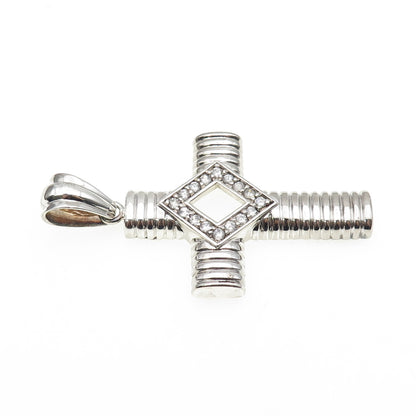 925 Sterling Silver Round-Cut C Z Ribbed Cross Large Pendant