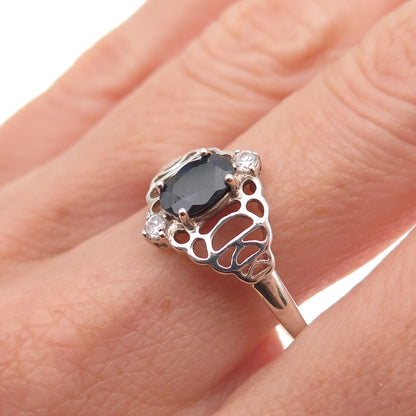 925 Sterling Silver Real Oval-Cut Sapphire & C Z Ring Size 11