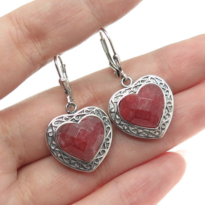 925 Sterling Silver Vintage Real Heart-Cut Ruby Ornate Dangle Earrings