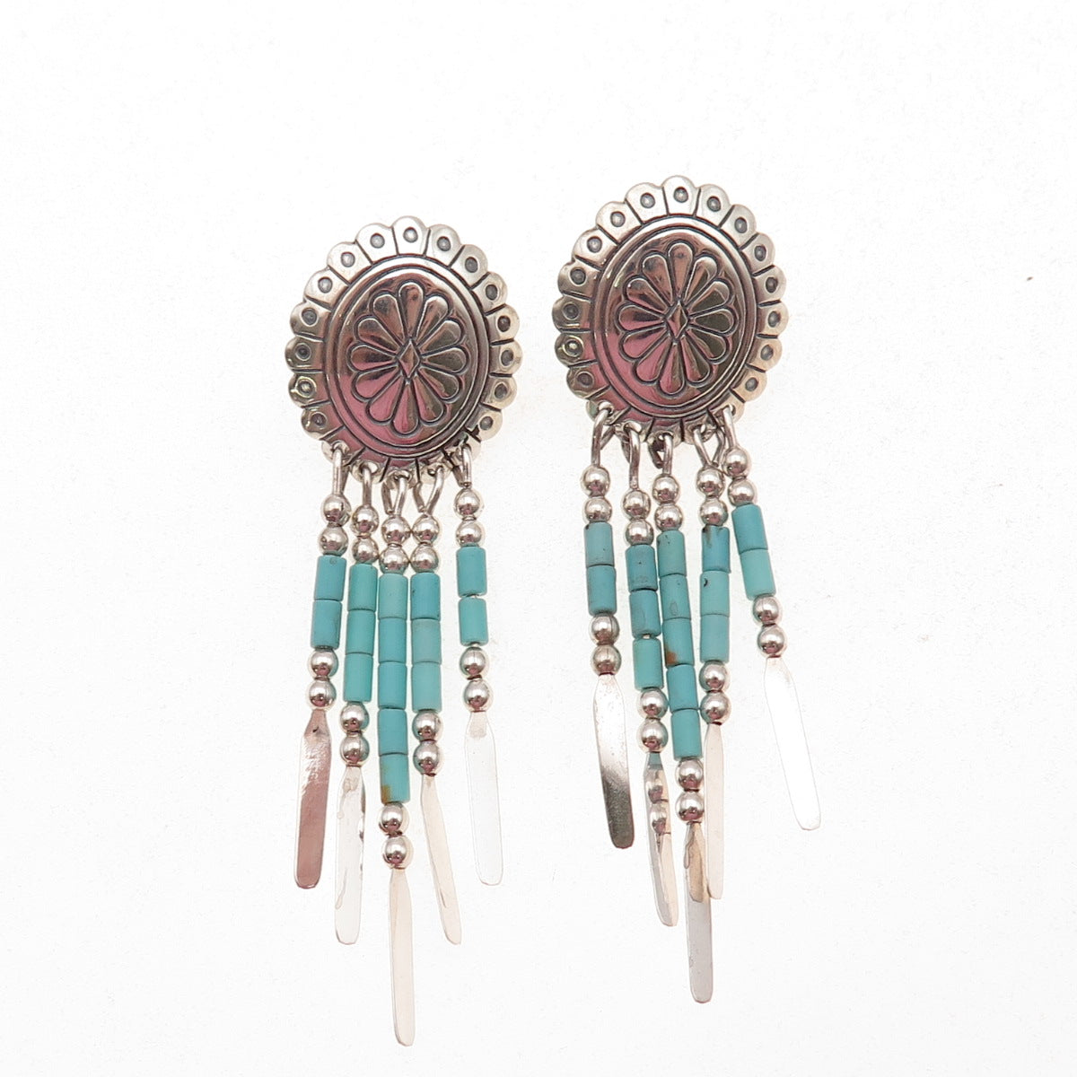 Quoc Turquoise Old Pawn Sterling Silver Vintage Concho Tribal Dangle Earrings