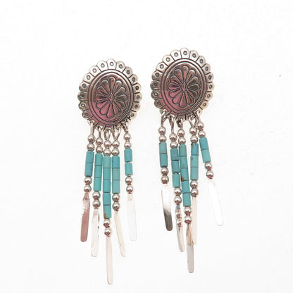 Quoc Turquoise Old Pawn Sterling Silver Vintage Concho Tribal Dangle Earrings