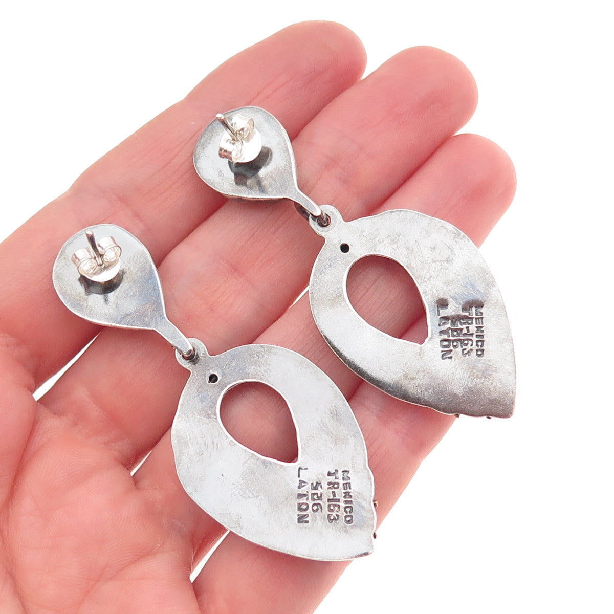 LATON Sterling Silver 2-Tone Vintage Mexico Modernist Oxidized Dangle Earrings