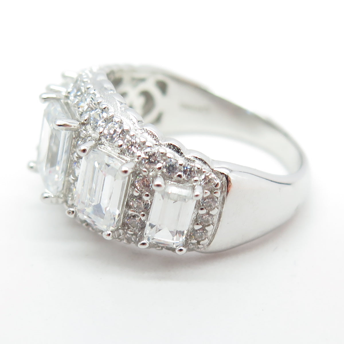 925 Sterling Silver Emerald & Round-Cut C Z Engagement Ring Size 7