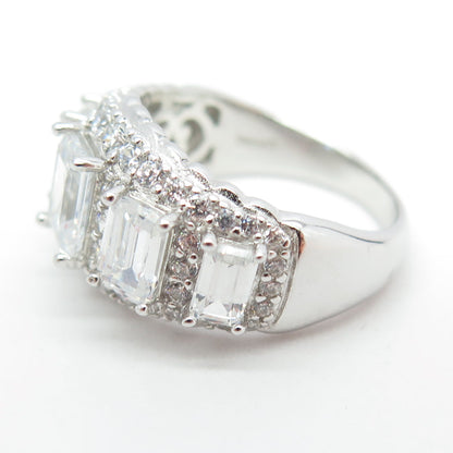 925 Sterling Silver Emerald & Round-Cut C Z Engagement Ring Size 7