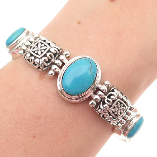 925 Sterling Silver Vintage Real Lone Mountain Turquoise Floral Bracelet 7.25"