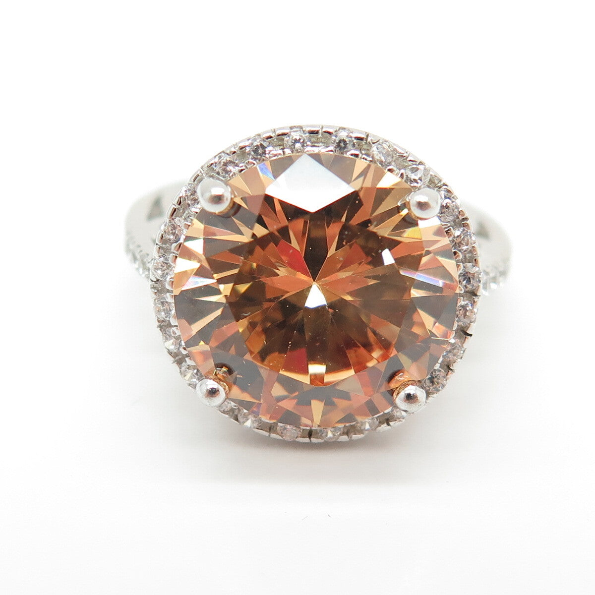 925 Sterling Silver White & Peach Round-Cut Shaped C Z Ring Size 6