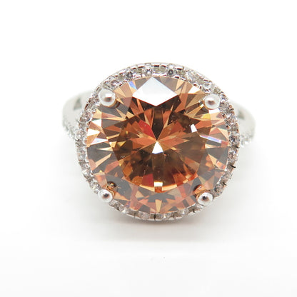925 Sterling Silver White & Peach Round-Cut Shaped C Z Ring Size 6
