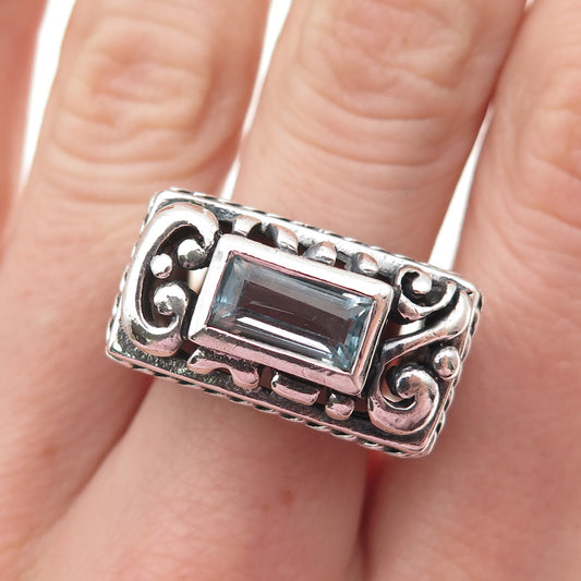 BARSE 925 Sterling Silver Vintage Real Blue Topaz Ornate Oxidized Ring Size 8.25