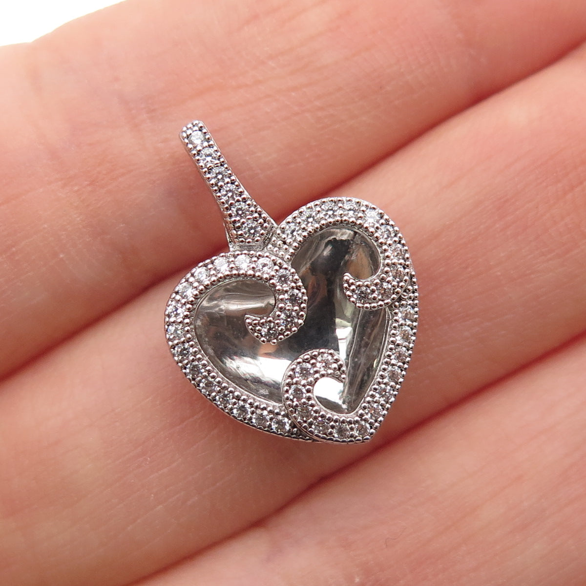 925 Sterling Silver Round-Cut C Z Swirl Heart Mini Charm Pendant