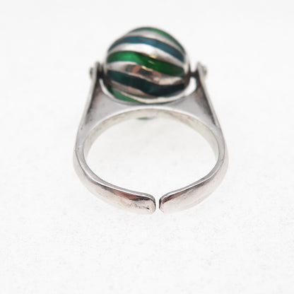 925 Sterling Silver Vintage Italy Enamel Modernist Ball Adjustable Ring Size 6