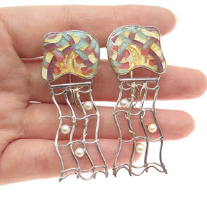 BRANDON WILLIAMS Sterling Silver Vintage Glass & Real Pearl Modernist Earrings