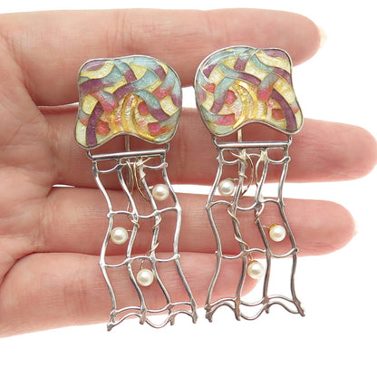 BRANDON WILLIAMS Sterling Silver Vintage Glass & Real Pearl Modernist Earrings