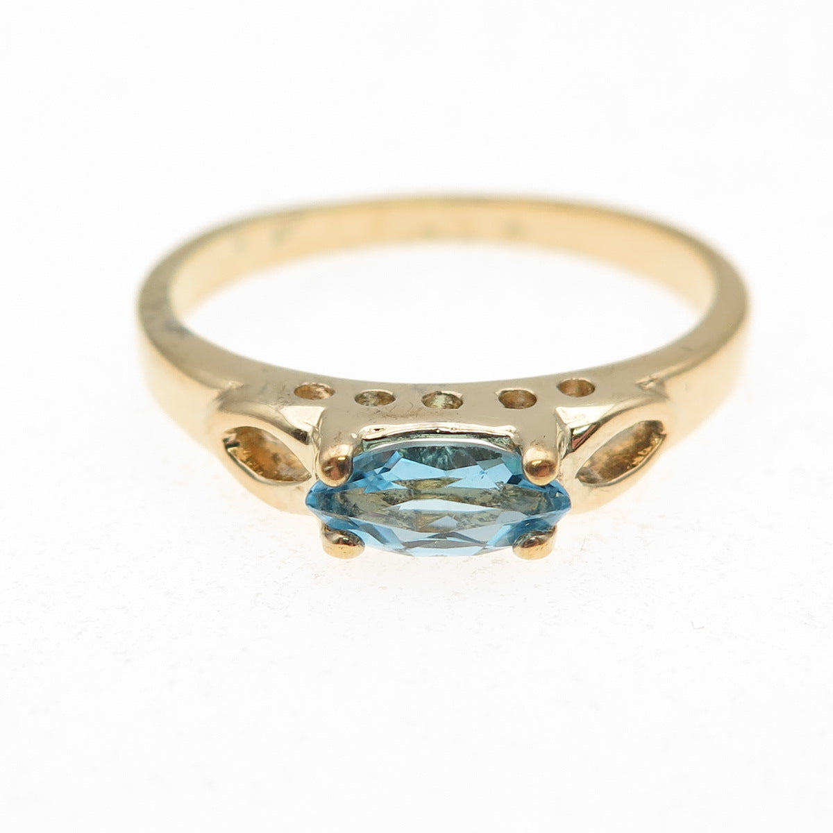 925 Sterling Silver Gold Plated Real Marquise-Cut Blue Topaz Ring Size 10