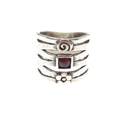 925 Sterling Silver Vintage Tourmaline Spiral & Flower Oxidized Ring Size 7.25