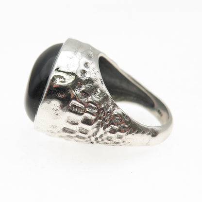 925 Sterling Silver Vintage Real Black Onyx Modernist Oxidized Ring Size 6
