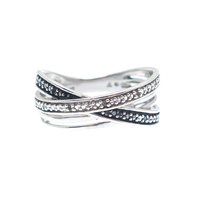 925 Sterling Silver Real Round-Cut Black & White Diamond Crisscross Ring Size 7