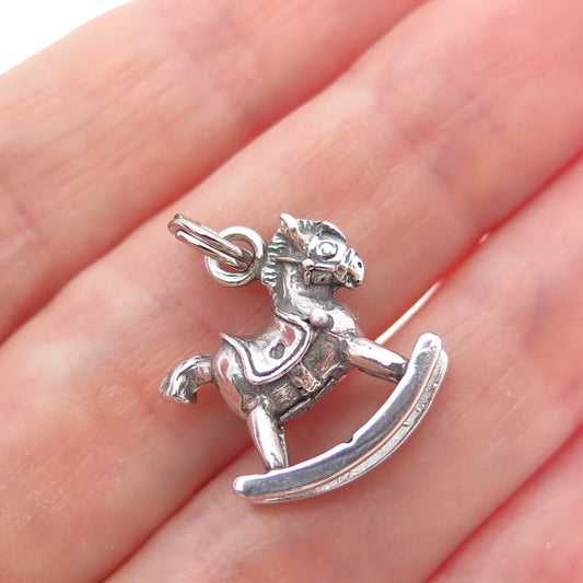 925 Sterling Silver Vintage Rocking Horse Oxidized Minimalist 3D Charm Pendant