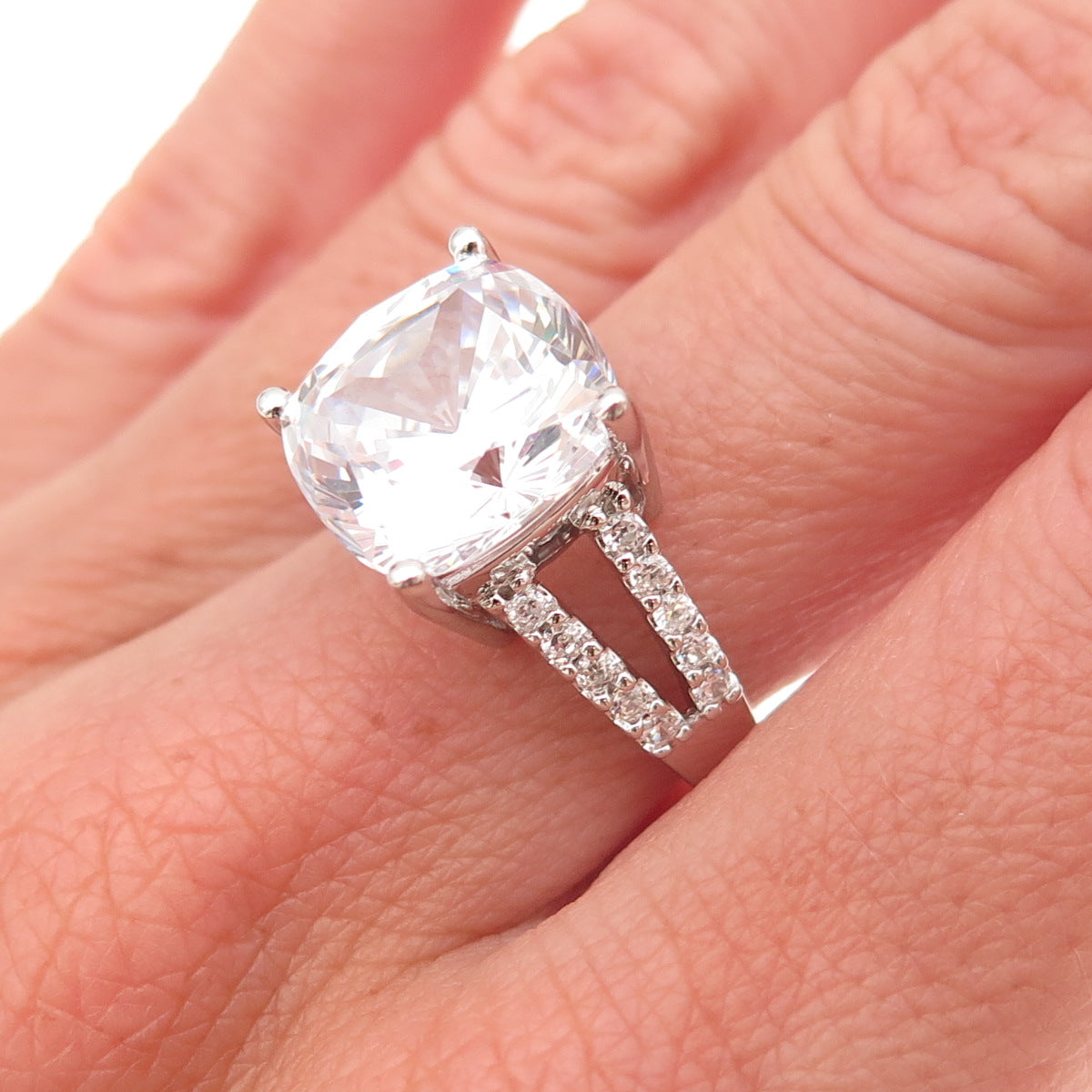 925 Sterling Silver Cushion & Round-Cut C Z Engagement Ring Size 7