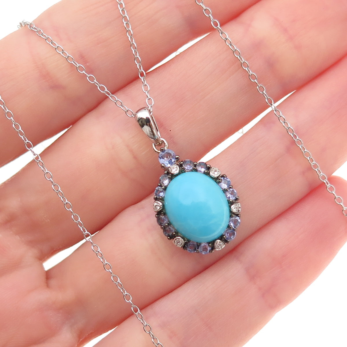 925 Sterling Silver Real Turquoise Tanzanite & White Topaz Chain Necklace 18"