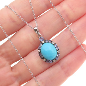 925 Sterling Silver Real Turquoise Tanzanite & White Topaz Chain Necklace 18"