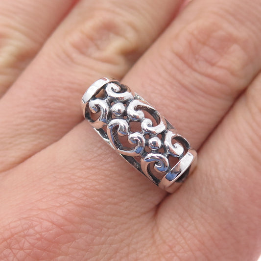 925 Sterling Silver Vintage Modernist Ornate Heart Oxidized Ring Size 9