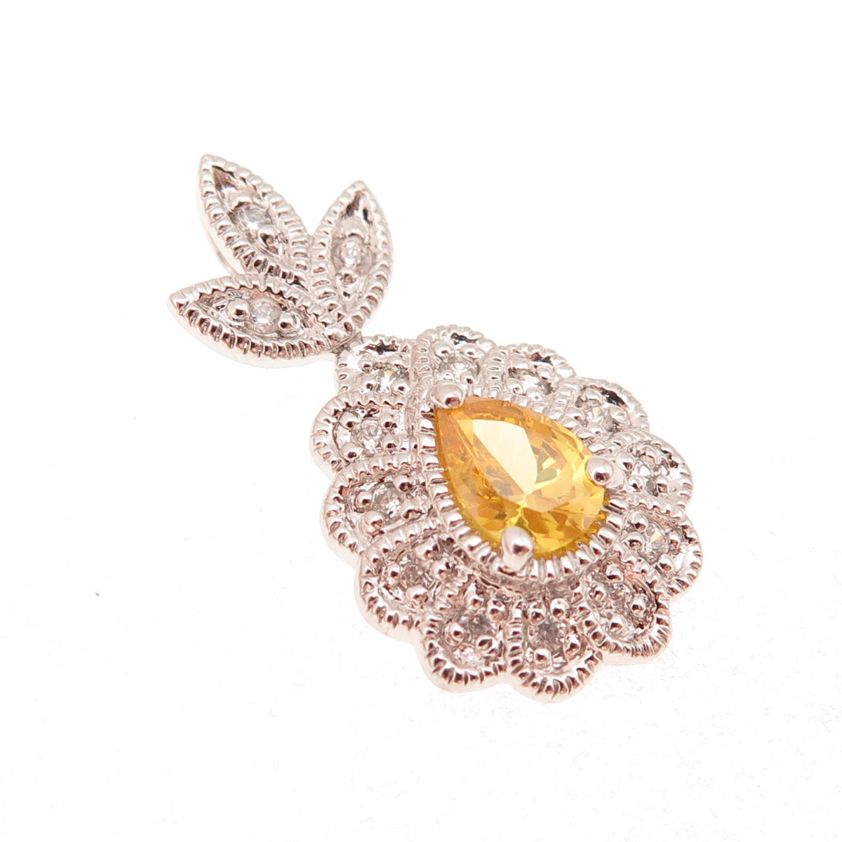 925 Sterling Silver Canary & White C Z Floral Teardrop Slide Charm Pendant