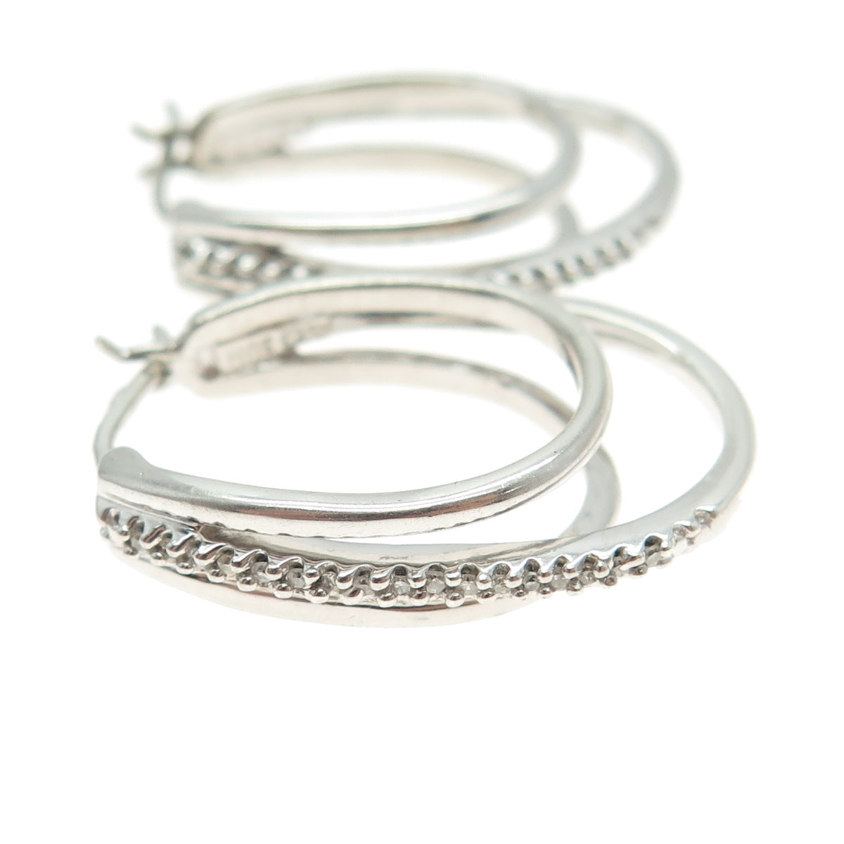 SUN 925 Sterling Silver Real Round-Cut Diamond Multi-Row Hoop Earrings