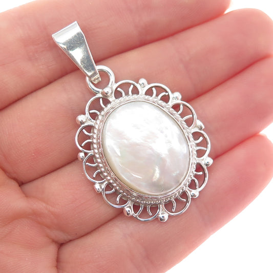 925 Sterling Silver Vintage Mexico Real MOP Ornate Charm Pendant