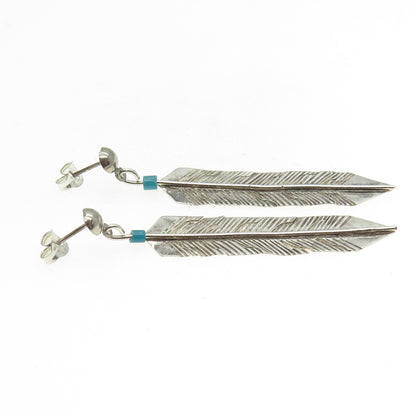 Old Pawn Sterling Silver Vintage Southwestern Bisbee Turquoise Feather Earrings