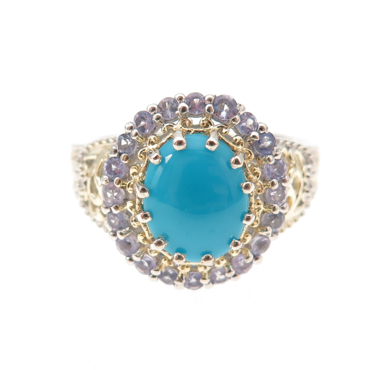 Chuck Clemency Sterling Silver 2-Tone Real Turquoise & Tanzanite Ring Size 8.25