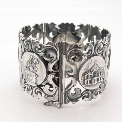 925 Sterling Silver Vintage Mexico Orante Wide Panel Link Bracelet 7.75"