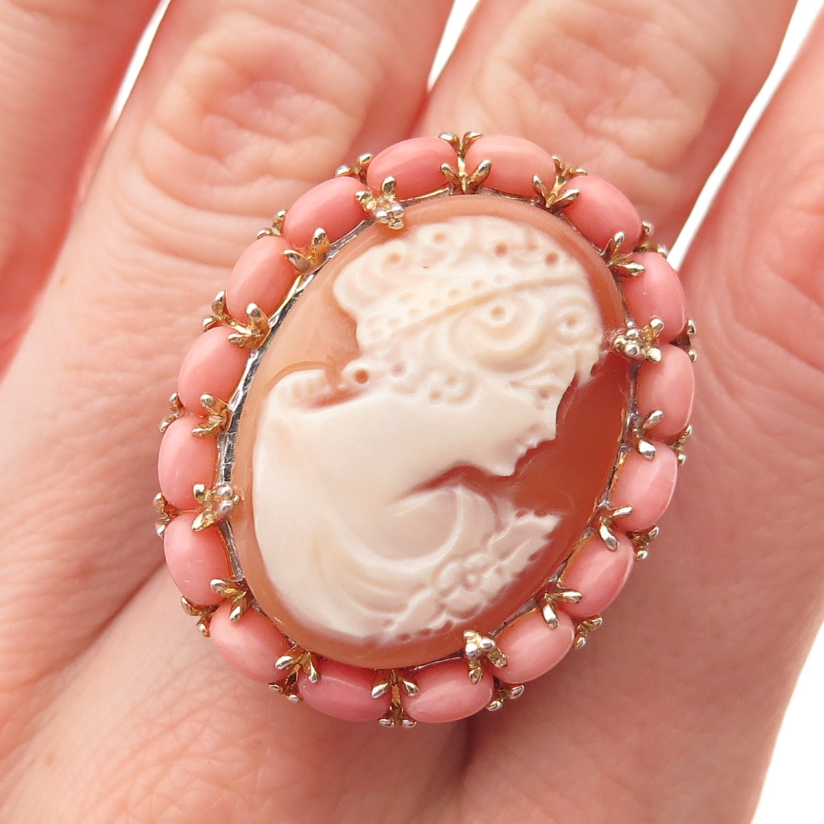 MICHAEL VALITUTTI Gems En Vogue 925 Sterling MOP Coral Lady Cameo Ring Size 8.25