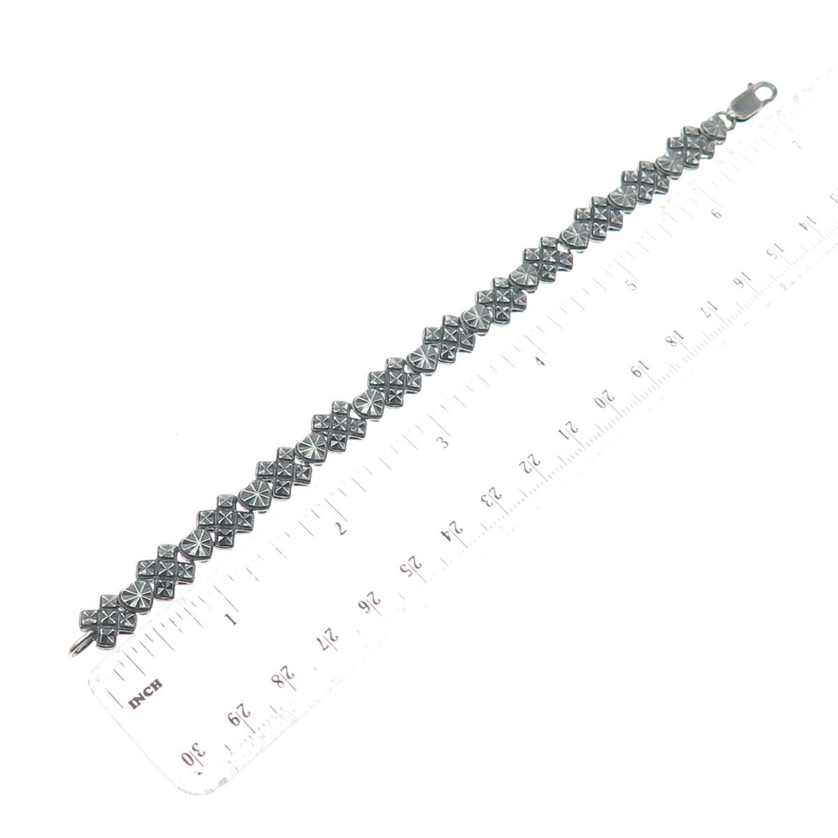 BEVERLY HILLS 925 Sterling Silver Vintage Diamond-Cut Heart Oxidized Bracelet 7"