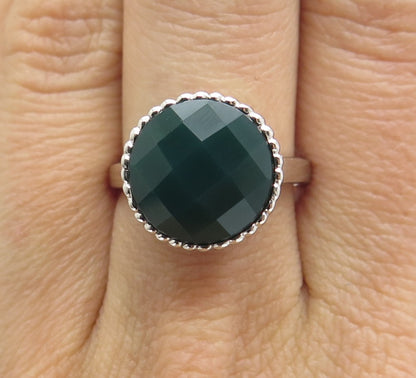 925 Sterling Silver Real Checkered Green Onyx Gem Ribbed Dome Ring Size 7