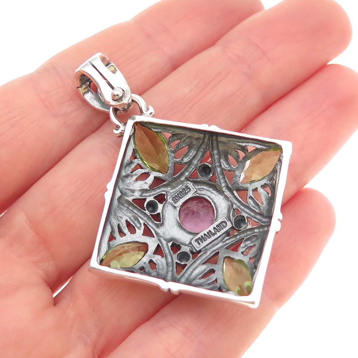 SX Sally C 925 Sterling Silver Vintage Real Amethyst & Peridot Floral Pendant
