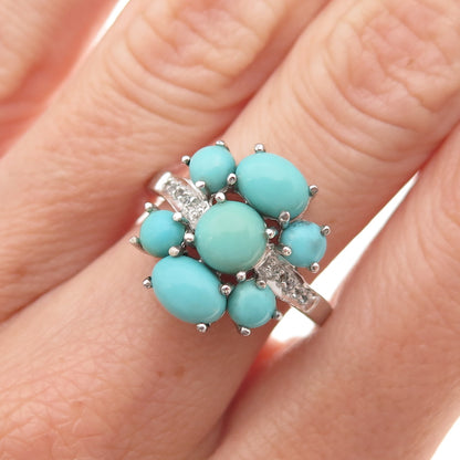 925 Sterling Silver Real Turquoise & White Topaz Floral Ring Size 8