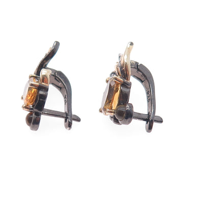 925 Sterling Silver Black Rhodium 2-Tone Vintage Real Citrine & C Z Earrings