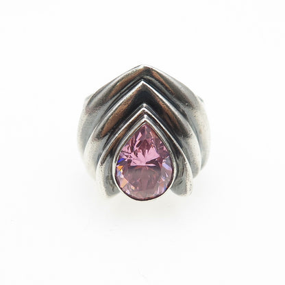 925 Sterling Silver Vintage Pear-Cut Pink C Z Modernist Oxidized Ring Size 5.75