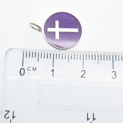 925 Sterling Silver Purple Enamel Cross Round Tag Minimalist Charm Pendant