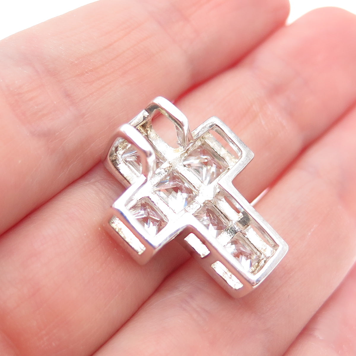 925 Sterling Silver Princess-Cut C Z Cross Minimalist Slide Charm Pendant