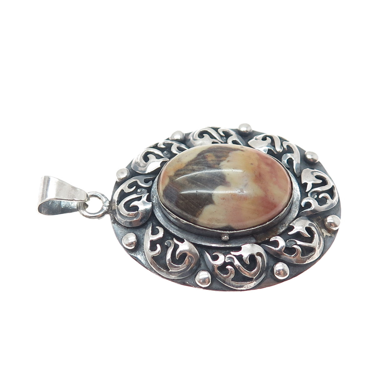 925 Sterling Silver Vintage Mexico Real Jasper Floral Oxidized Charm Pendant