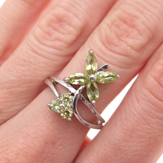 925 Sterling Silver Vintage Real Peridot Floral Ring Size 6.25