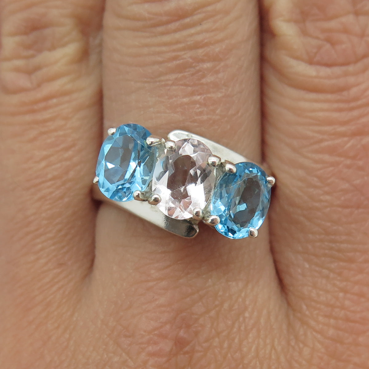 925 Sterling Silver Real Blue Topaz & Morganite Gemstone Ring Size 9.5