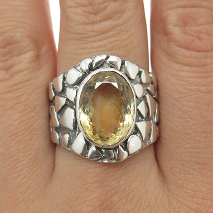 925 Sterling Silver Vintage Real Citrine Gemstone Pebble Wide Ring Size 9